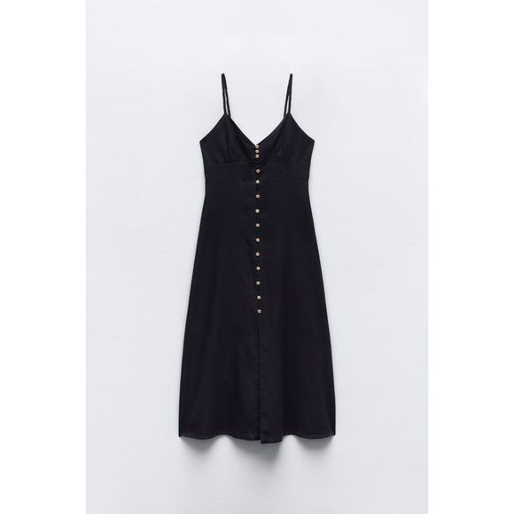 ZARA LINEN BLEND MIDI SLIP DRESS NAVY BLUE - Picture 3 of 5